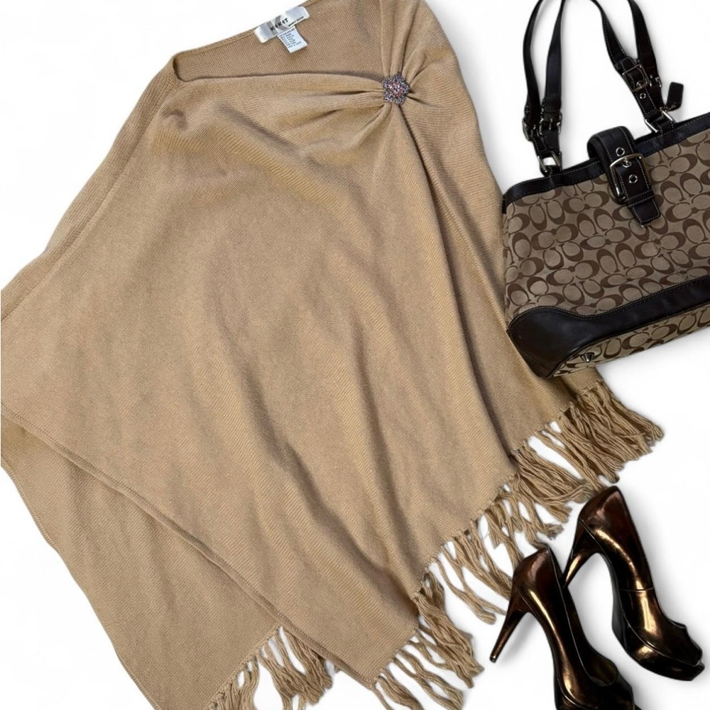 Elegant Tan Women's Knit Fringe Poncho with Rhinestone Brooch